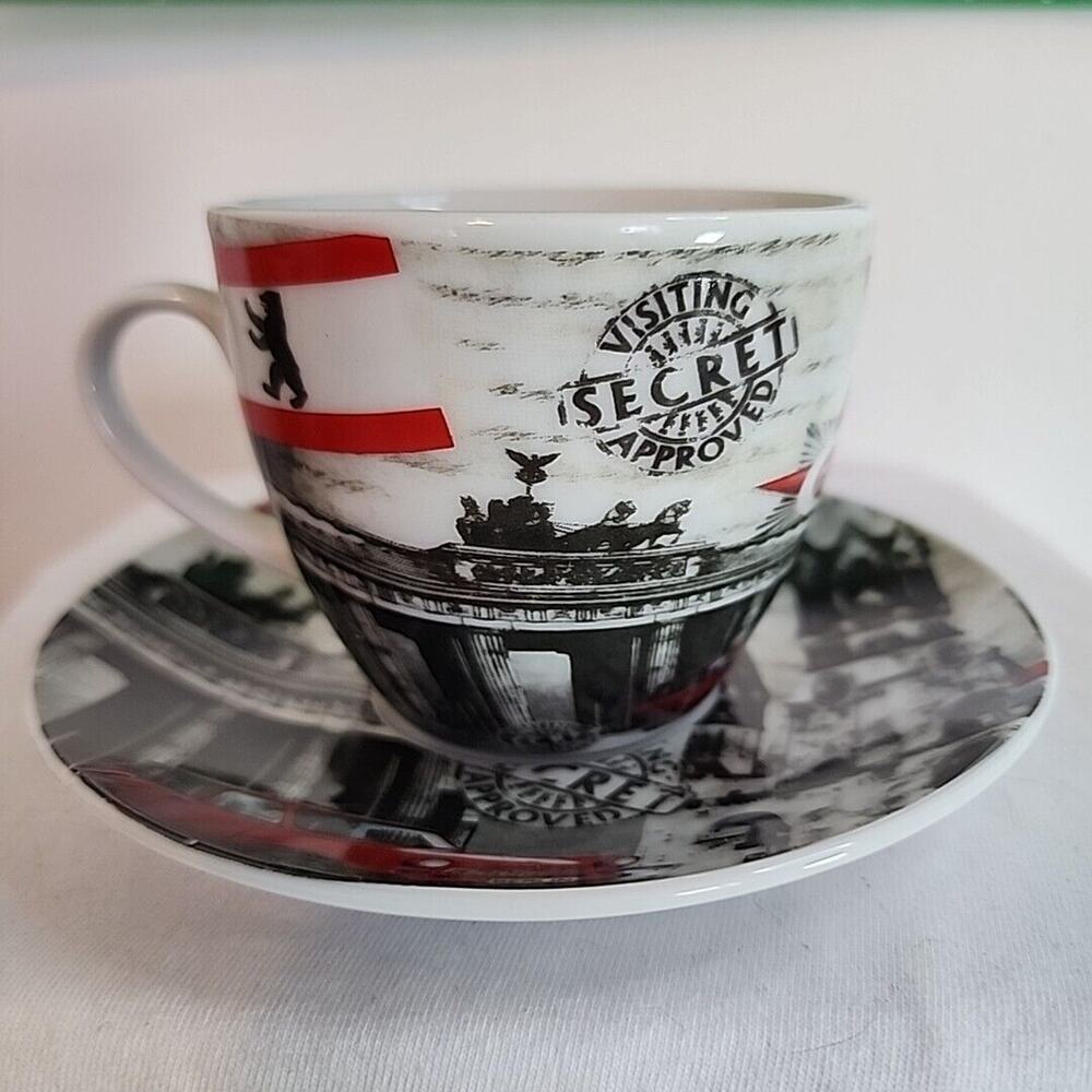 Berlin Souvenir Cup And Saucer Set Smile Company Bear Flag Red Black
